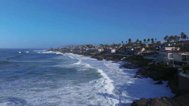 Low aerial view of the cliffs, the surf and palm trees at Beach Barber Tract.