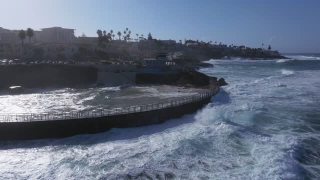 Low aerial view of the cliffs, the surf and palm trees at La Jolla Village.