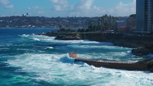 Aerial view of the cliffs, the surf and palm trees at La Jolla Village.