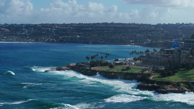 Aerial view of the cliffs, the surf and palm trees at La Jolla Village.