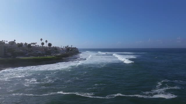 Low aerial view of the cliffs, the surf and palm trees at La Jolla Village.
