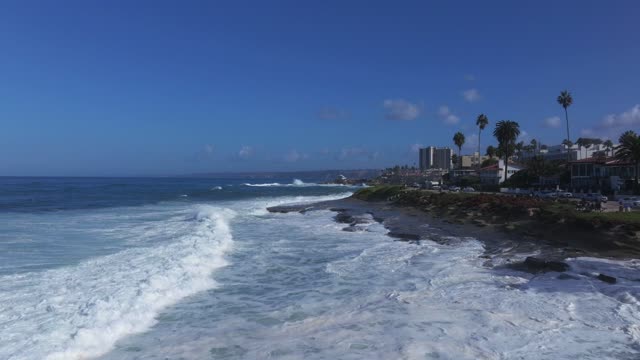 Low aerial view of the cliffs, the surf and palm trees at La Jolla Village.