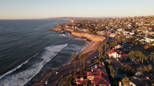 Aerial view of the cliffs, the surf and palm trees at Sunset Cliffs.