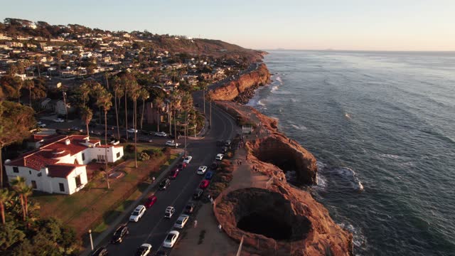 Flying above the Coastline and Beach of Sunset Cliffs Natural Park in Point Loma San Diego