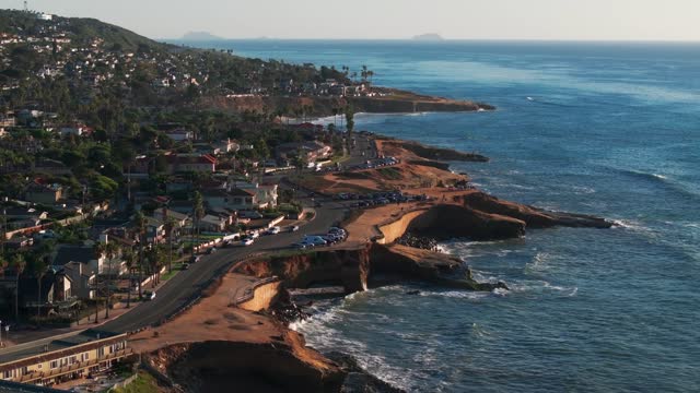 Aerial view of the cliffs, the ocean and homes at Sunset Cliffs.