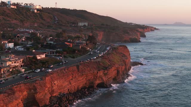 Aerial view of the cliffs, the ocean and homes at Sunset Cliffs.