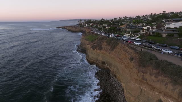 Aerial view of the cliffs, the ocean and homes at Sunset Cliffs.