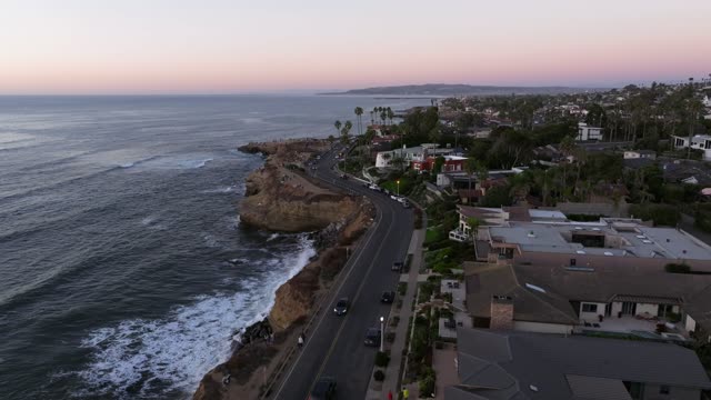 Aerial view of the cliffs, palm trees and the ocean at Sunset Cliffs.