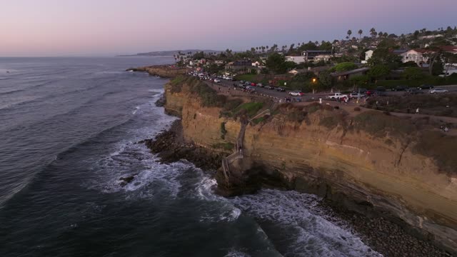 Aerial view of the cliffs, palm trees and the ocean at Sunset Cliffs.
