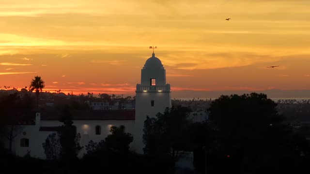 The Junipero Serra Museum in Presidio Park in Mission Hills overlooking Mission Valley during Sunset | Drone Video – 8