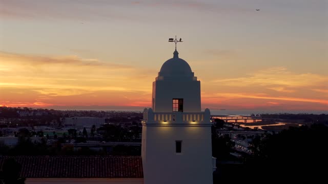The Junipero Serra Museum in Presidio Park in Mission Hills overlooking Mission Valley during Sunset | Drone Video – 5