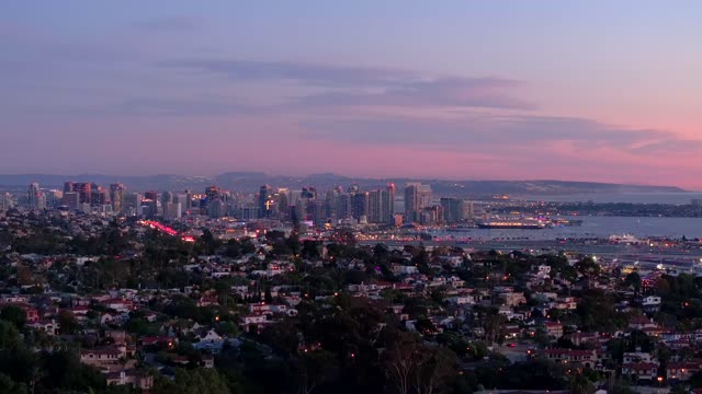 A view of the Downtown San Diego Skyline over Mission Hills during sunset and twilight | Drone Video 4