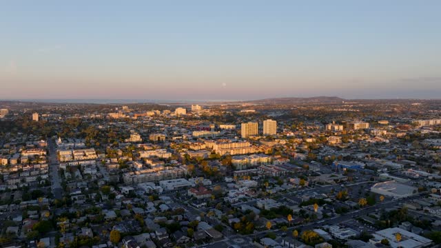 Aerial view of a residential street, homes and the buildings in North Park.
