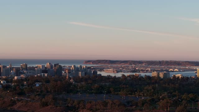 Elevated view of the downtown streets, the skyline and boats at Columbia.