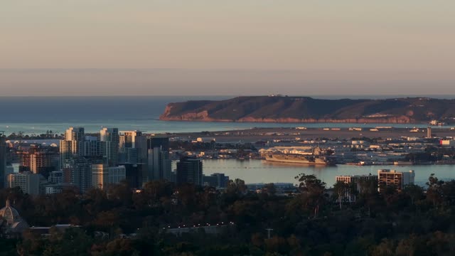 Elevated view of the downtown streets, the skyline and boats at Columbia.