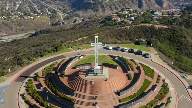 Aerial view of a park, homes and traffic at Mount Soledad, with people walking.