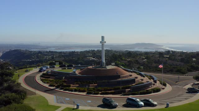 Aerial view of the cliffs, the ocean and homes at Mount Soledad.