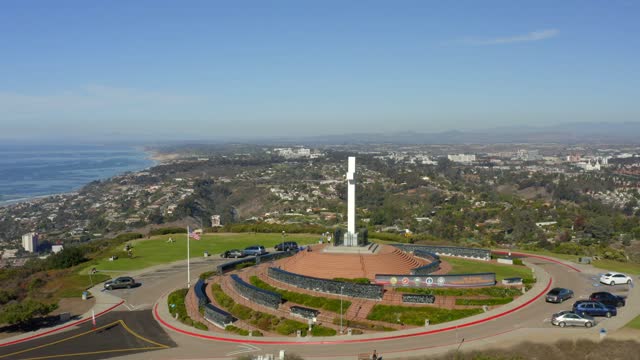 Aerial view of the cliffs, the ocean and homes at Mount Soledad.