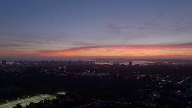 Aerial view of the downtown streets, the skyline and the bay in Balboa Park.