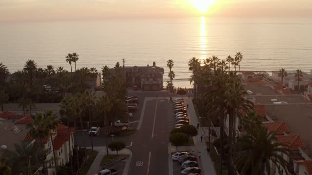 Low aerial view of a residential street, palm trees and the ocean in Carlsbad.
