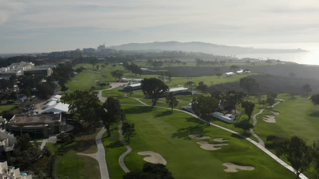 Aerial view of the country inland, the ocean and open country at Torrey Pines.