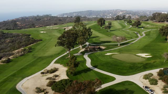 Aerial view of a park, the ocean and open country at Torrey Pines.