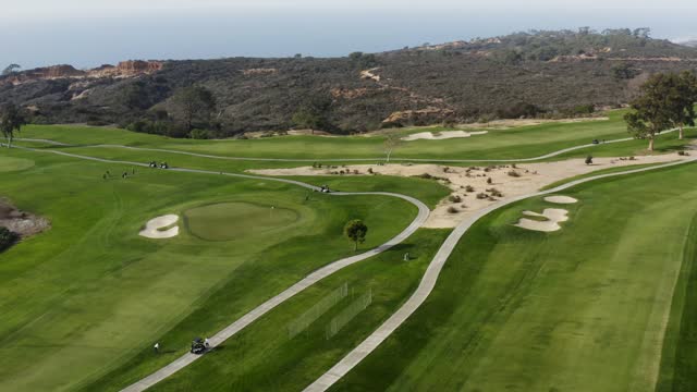 Aerial view of a park, the ocean and the cliffs at Torrey Pines, with people walking.