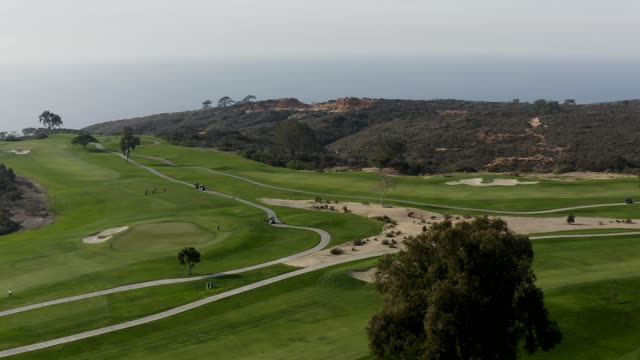 Low aerial view of a park, the cliffs and open country at Torrey Pines, with people walking.