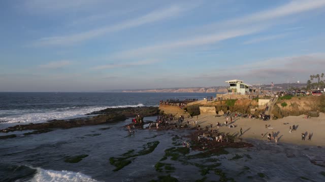 Low aerial view of the beach, the surf and palm trees at La Jolla Cove, with a crowd gathered.
