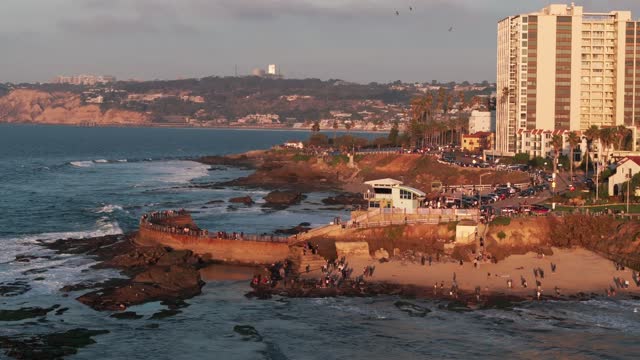 Aerial view of the cliffs, the surf and wildlife at La Jolla Cove, with a crowd gathered.