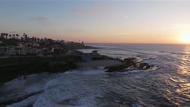 Aerial view of the cliffs, the surf and palm trees at La Jolla Cove.