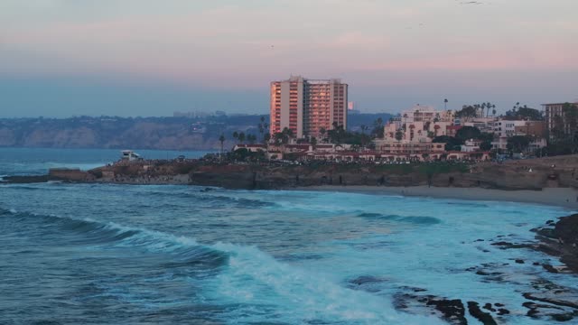 Low aerial view of the beach, the surf and palm trees at La Jolla Cove.