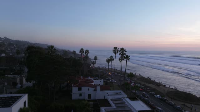 Low aerial view of the beach, the surf and palm trees at Sunset Cliffs, with people walking.