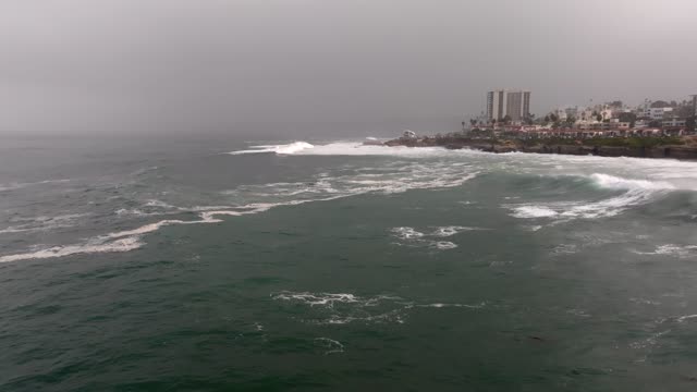 Low aerial view of the cliffs, the surf and palm trees at La Jolla Cove.