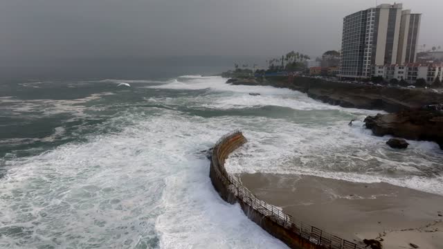 Low aerial view of the cliffs, the surf and palm trees at La Jolla Cove.