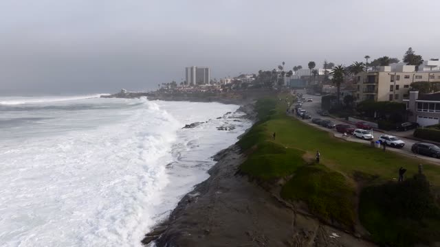 Low aerial view of the cliffs, the surf and palm trees at La Jolla Cove, with people walking.