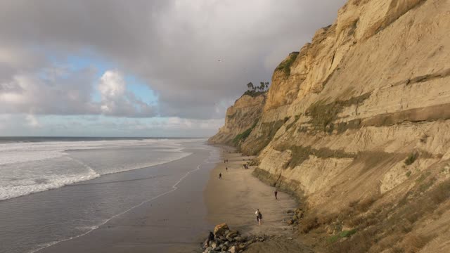 Low aerial view of the beach, the surf and the ocean at Black’s Beach, with people walking.