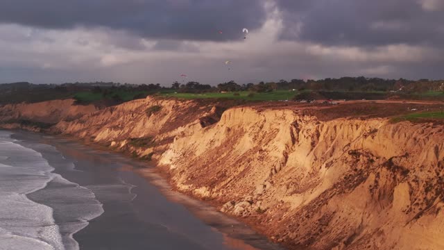 Aerial view of the cliffs, the surf and the ocean at Black’s Beach.