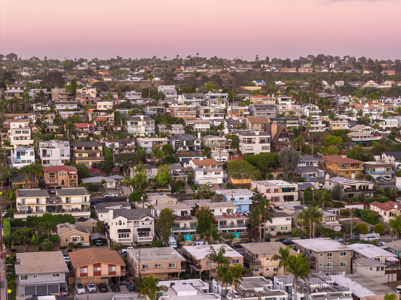 Aerial view of a residential street, palm trees and homes in Cardiff.