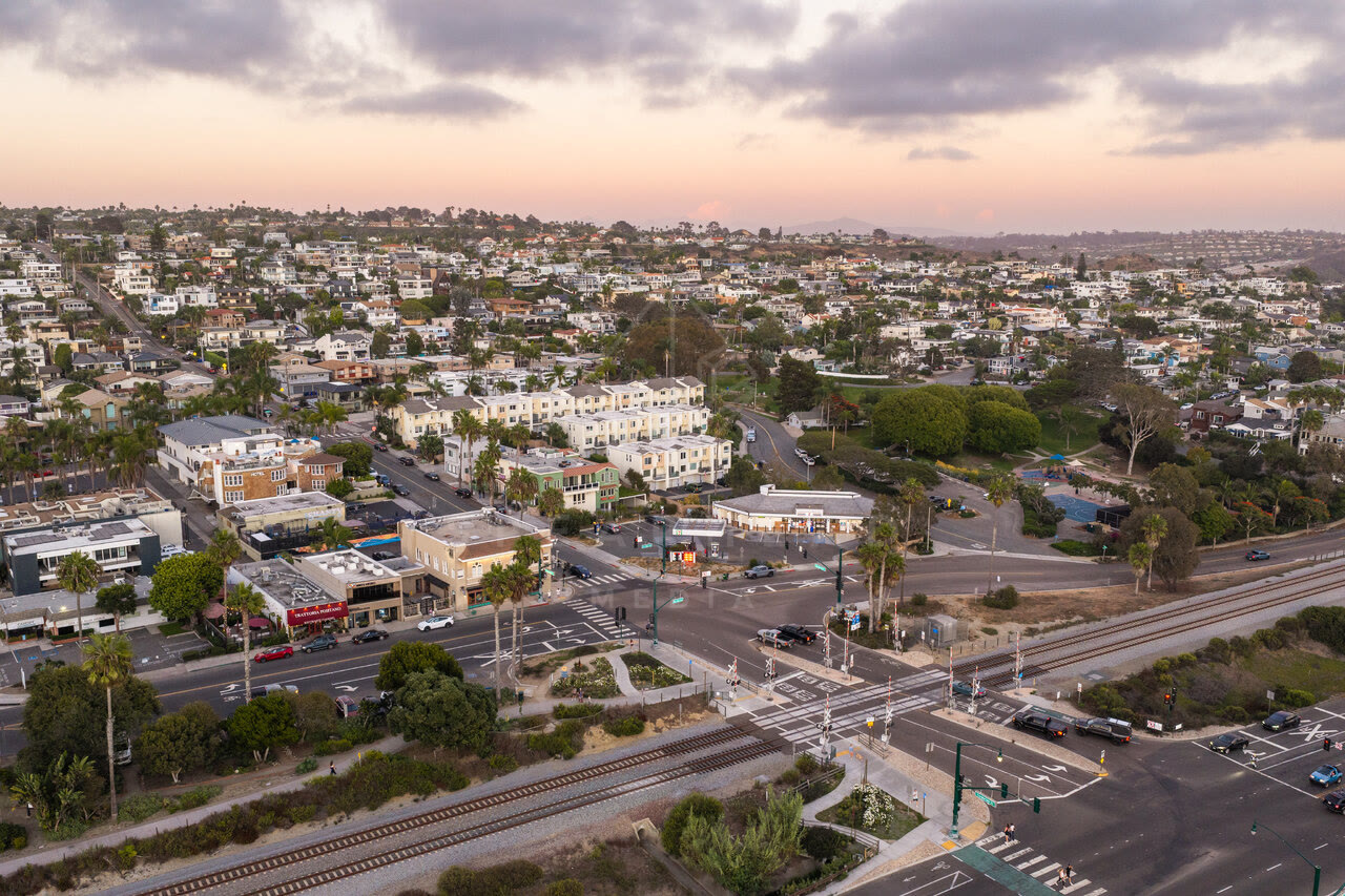 Aerial view of a residential street, palm trees and homes in Cardiff.