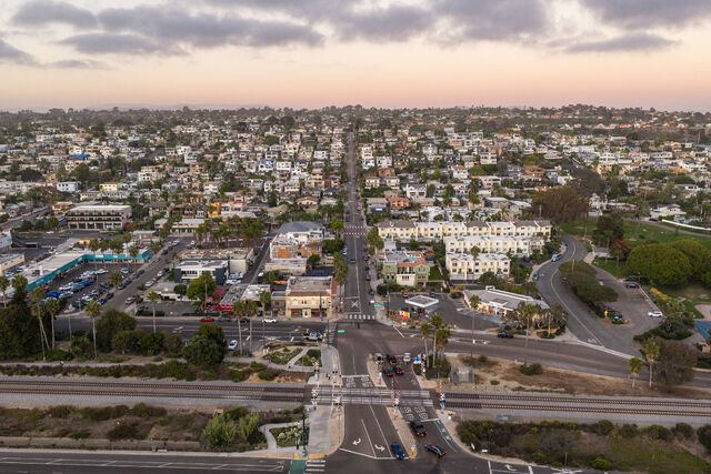Aerial view of a residential street, homes and the buildings in Cardiff.