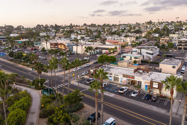 Low aerial view of a residential street, palm trees and homes in Cardiff.