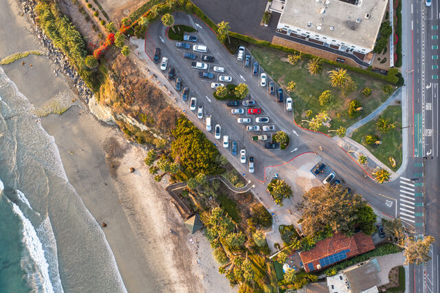 Aerial shot of Swami's Beach and coastline in Encinitas | Drone Photo
