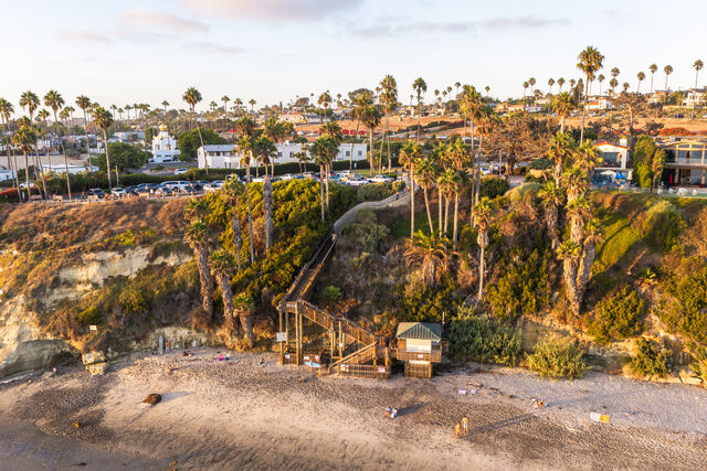 Aerial shot of Swami's Beach and stairs in Encinitas | Drone Photo