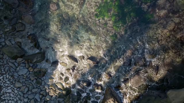 Aerial view of the beach, the surf and the ocean at La Jolla Cove.