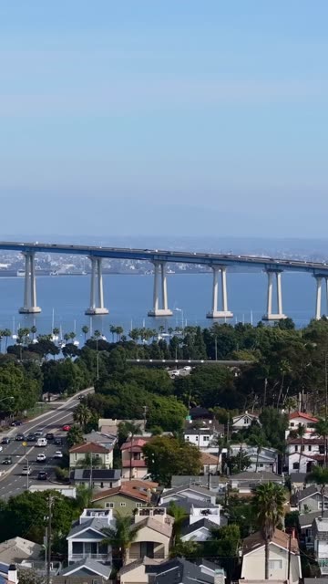 Aerial footage of homes and palm trees in Coronado with the Coronado Bridge and San Diego Bay beyond | Vertical Drone Video