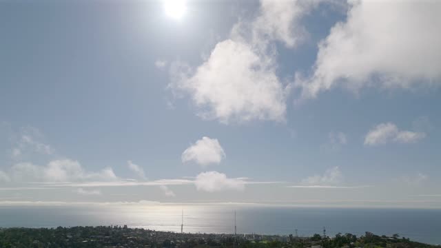 Aerial view of a residential street, the ocean and homes at Mount Soledad.