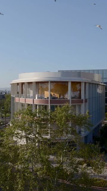 Aerial drone footage of the circular RADD Research and Design District building with seagulls flying past near the Embarcadero in Downtown San Diego | Vertical Drone Video