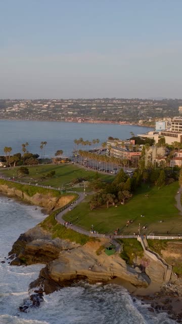 Aerial footage of Ellen Browning Scripps Park, palm-lined paths and sandstone cliffs overlooking the coastline and village in La Jolla | Vertical Drone Video