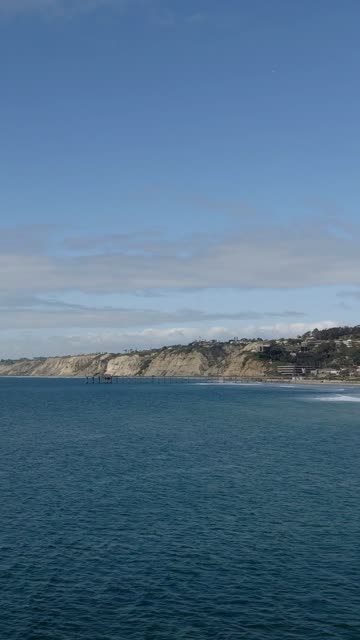 Aerial footage of Scripps Pier and the coastal cliffs above Black's Beach in La Jolla, with hillside homes and the La Jolla coastline in the distance | Vertical Drone Video